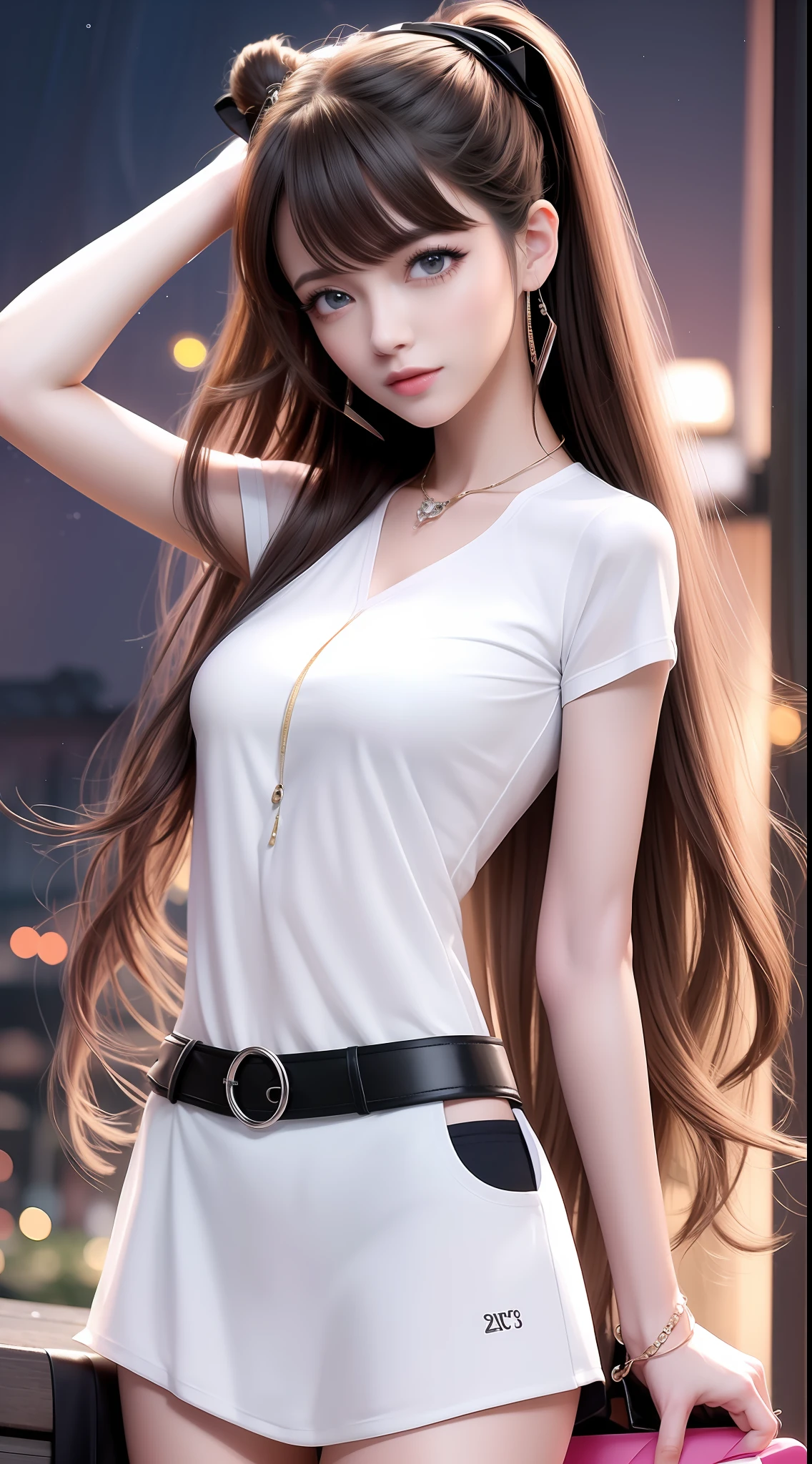 4k ultra hd, masterpiece, very high quality, a girl, age 20 years old girl, good face, smooth face, detailed eyes, beautiful hair, very long hair, hair band, cute look, modern clothes, pink shirt, black  jeans, good shoes, morning background, buildings, sun lights, clear weather, stylish looking, direct x 3.0 wet reoad,