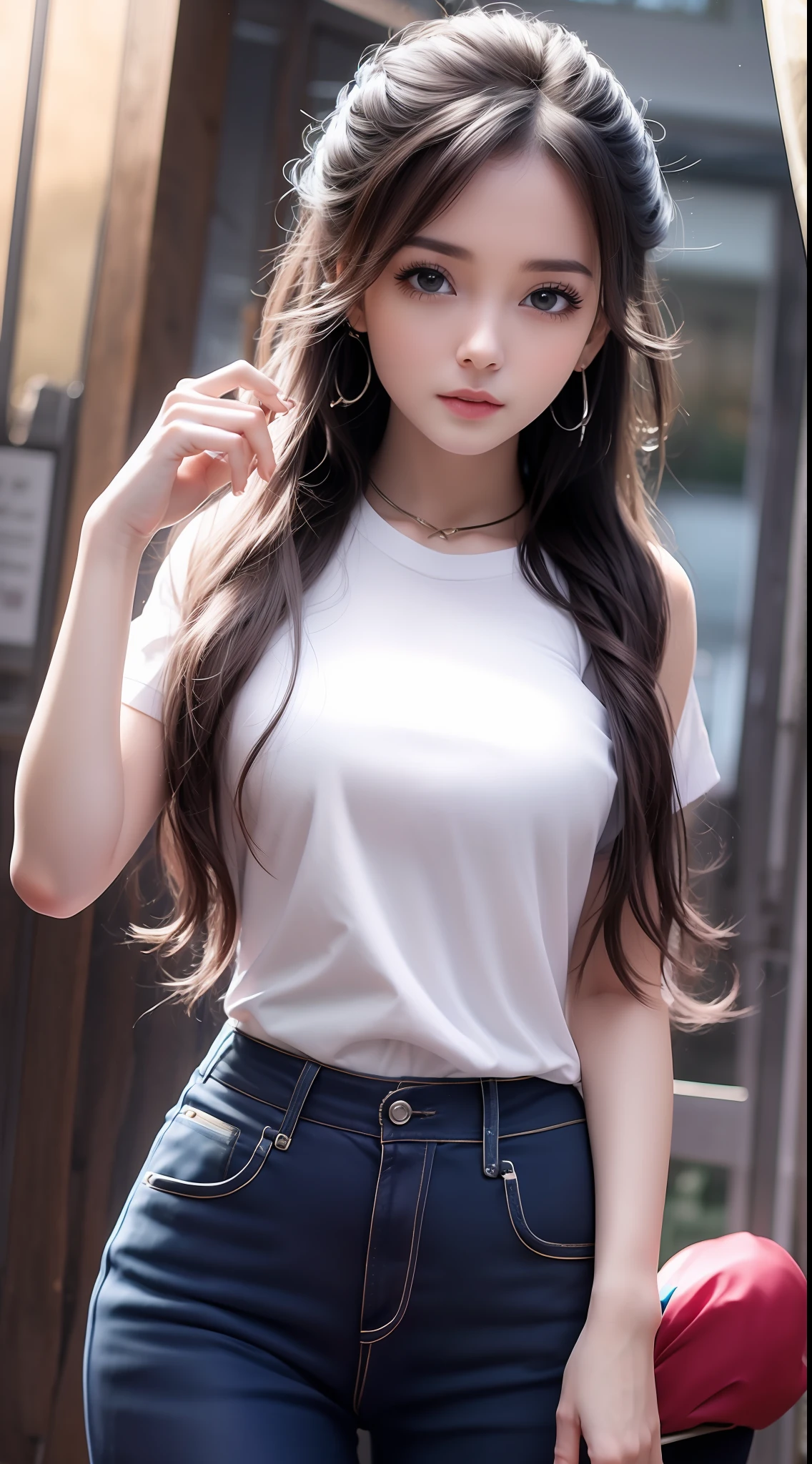 4k ultra hd, masterpiece, very high quality, a girl, age 20 years old girl, good face, smooth face, detailed eyes, beautiful hair, very long hair, hair band, cute look, modern clothes, pink shirt, black  jeans, good shoes, morning background, buildings, sun lights, clear weather, stylish looking, direct x 3.0 wet reoad,