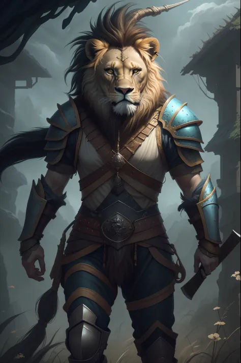 a picture of an an anthro lion warrior, armed with am axe (intense details, Masterpiece, best quality: 1.5),, wearing heavy armor (intense details, Masterpiece, best quality: 1.5), big lion mane, grasslands background (intense details, Masterpiece, best qu...