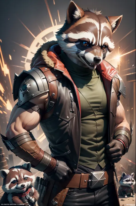 "tmasterpiece，hyper-high detail，Cinema lenses，high high quality，Realistic rendering，(Rocket raccoon+White-brown raccoon:1.2+anthropomorphic turtle+Smiled confidently+Sharp teeth and a sharp tongue are exposed)，ruin background，火焰，laser guns，the scars，4k wal...