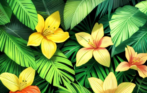 tropical foliage and flower background, tropical flower plants, tropical plants and flowers, beautiful tropical flowers, colorfu...