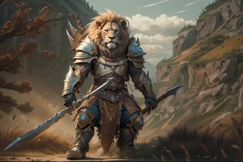 a picture of an an anthro lion warrior, armed with an axe (intense details, Masterpiece, best quality: 1.5),, wearing heavy armor (intense details, Masterpiece, best quality: 1.5), big lion mane, grasslands background (intense details, Masterpiece, best qu...