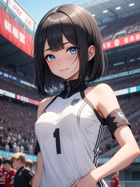 Top quality ultra-detailed CG art、Soccer Cheering：１.２）、black head、Glossy hair、smooth hair、large blue eyes,Mid summer、Delicate bo...