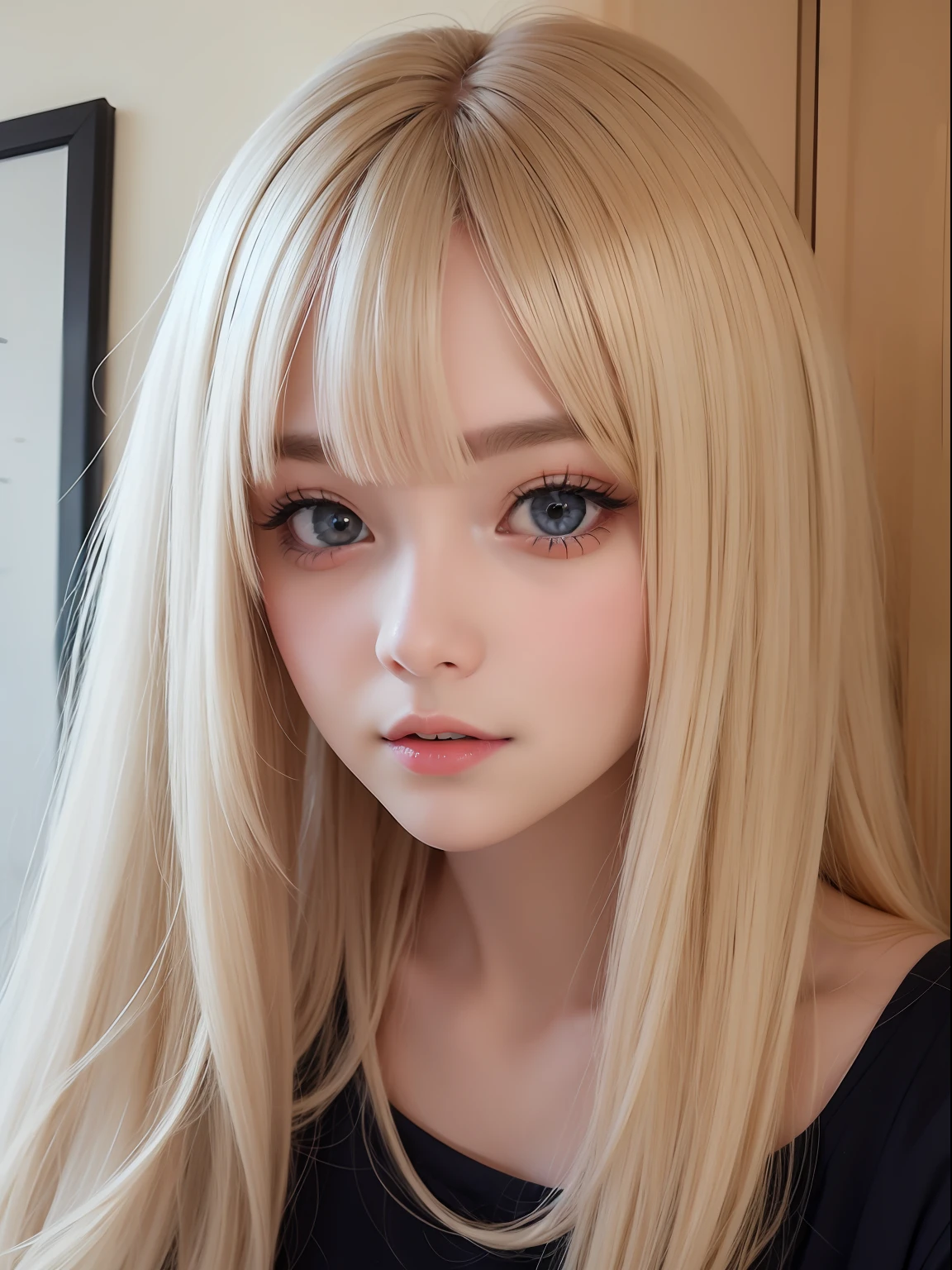 bright expression、photorealisim、top-quality、超A high resolution、a picture、Photos of the most beautiful Nordic girls、Detailed cute and beautiful face、a small face、(pureerosface_v1:0.008)、Beautiful bangs、alice in the wonderland、17 age、Glowing white shiny skin、poneyTail、Bangs that extend to the face、bangss、Hair between the eyes、Super long hair、Attractive bright natural platinum blonde super long silky hainer hair、Attractive glowing beautiful bright clear light blue big eyes、School Uniforms、student clothes、eye liner、Double eyelids、ample breasts