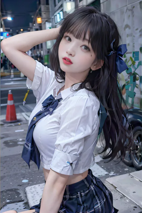 (8k, RAW photo, best quality, masterpiece:1.3),(realistic,photo-realistic:1.37),(night),(looking at viewer:1.331),(white hair),posing,Tokyo street,nightcityscape, cyberpunk city,soft light,1girl,extremely beautiful face,bust,put down hands,Random hairstyle...