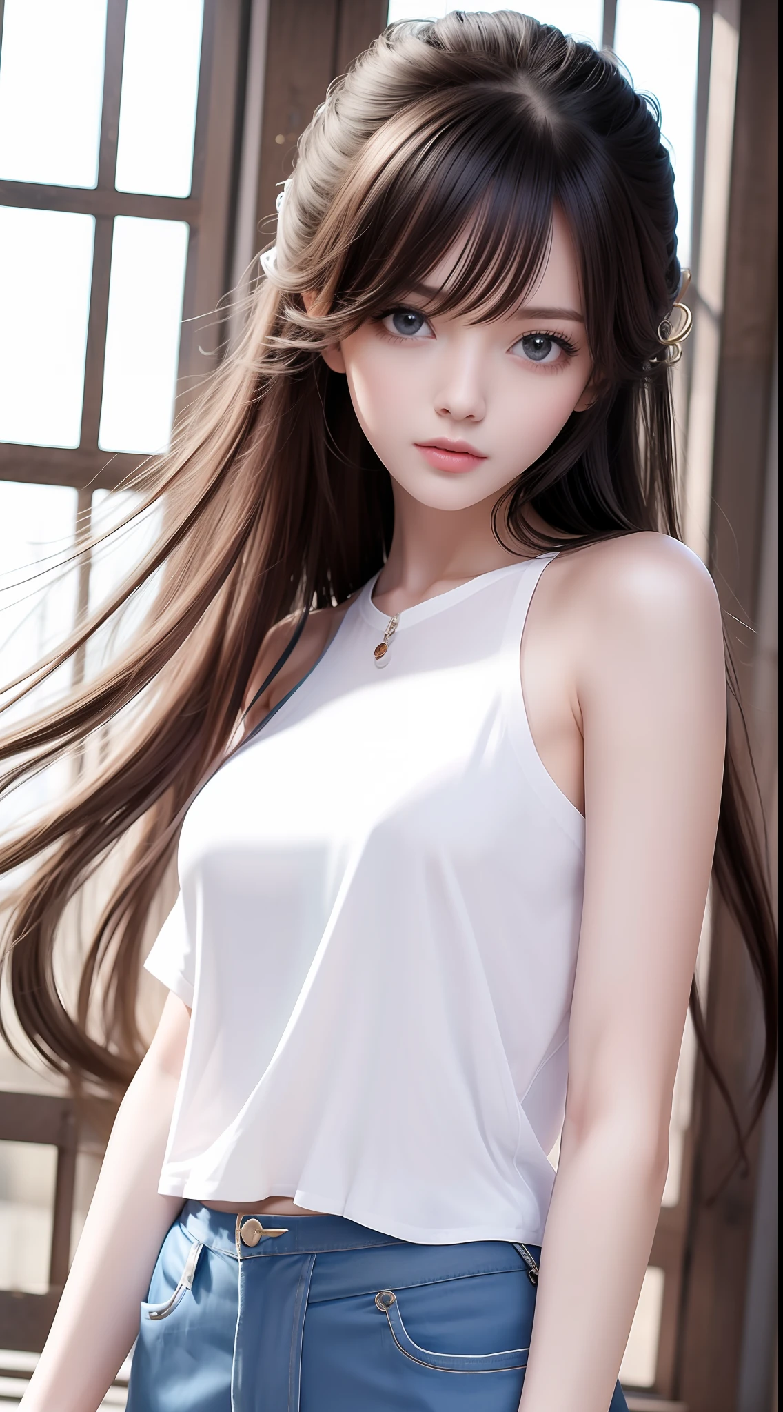 4k ultra hd, masterpiece, very high quality, a girl, age 20 years old girl, good face, smooth face, detailed eyes, beautiful hair, very long hair, hair band, cute look, modern clothes, pink shirt, black  jeans, good shoes, morning background, buildings, sun lights, clear weather, stylish looking,