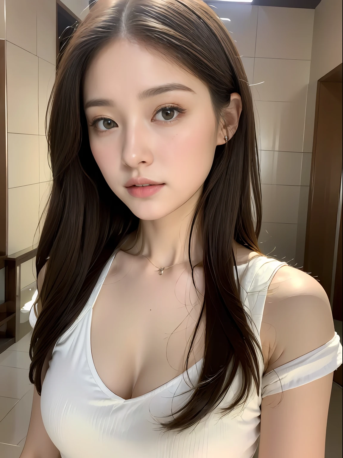 （1girll:1.3）,brown  hair, (8K, Best quality, tmasterpiece:1.2),ultra - detailed, adolable, 独奏, cute Japan woman，Long hair, Beautiful and delicate eyes,Super fine face and eyes，protrusions