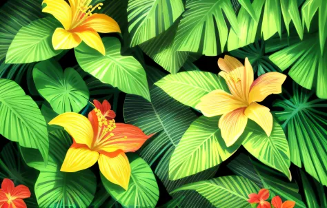 tropical foliage and flower background, tropical flower plants, tropical plants and flowers, beautiful tropical flowers, colorfu...