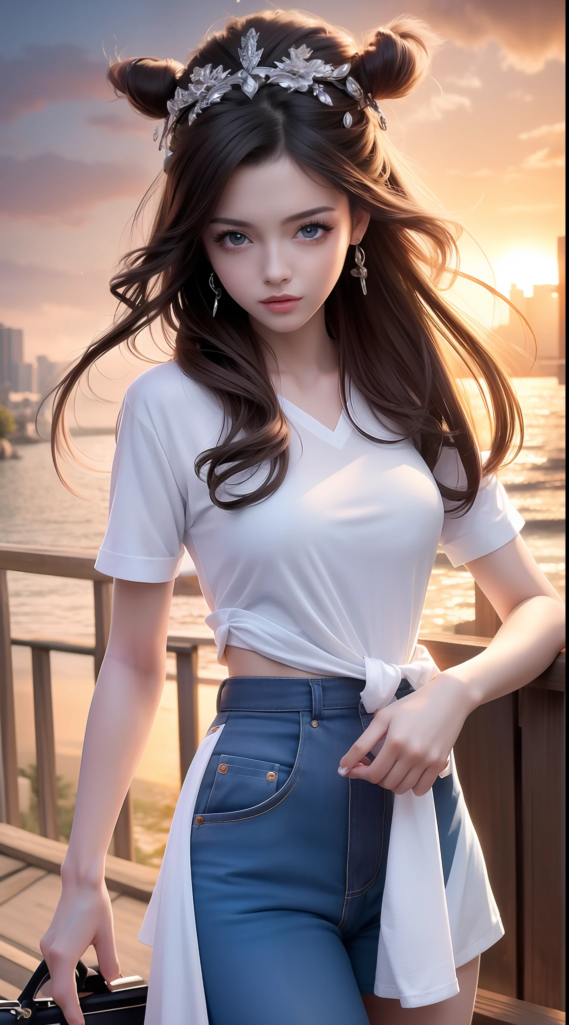4k ultra hd, masterpiece, very high quality, a girl, age 20 years old girl, good face, smooth face, detailed eyes, beautiful hair, very long hair, hair band, cute look, modern clothes, shirt, half  jeans, good shoes, morning background, buildings, sun lights, clear weather, stylish looking,