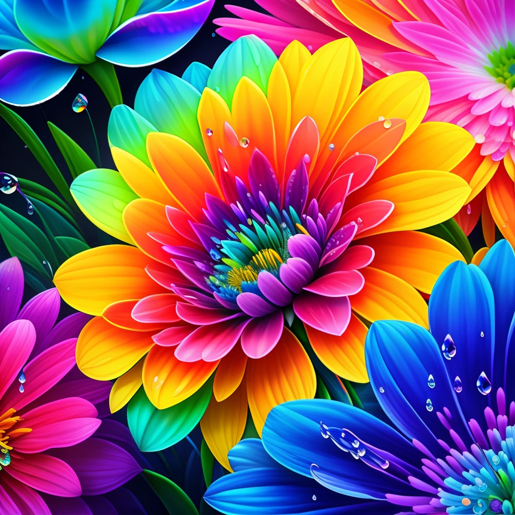 Close up of bunch of flowers with water droplets, a magical colorful flower, rich floral color, magical flowers, Vivid and rich colors, Colorful Alien Flora, colorful flower, Colorful flowers, Colorful HD Drip, Vivid and colorful, beautiful art uhd 4 k, beautiful and colorful, neon flowers, Strong and vibrant colors, colorful and vibrant, intricate vibrant colors