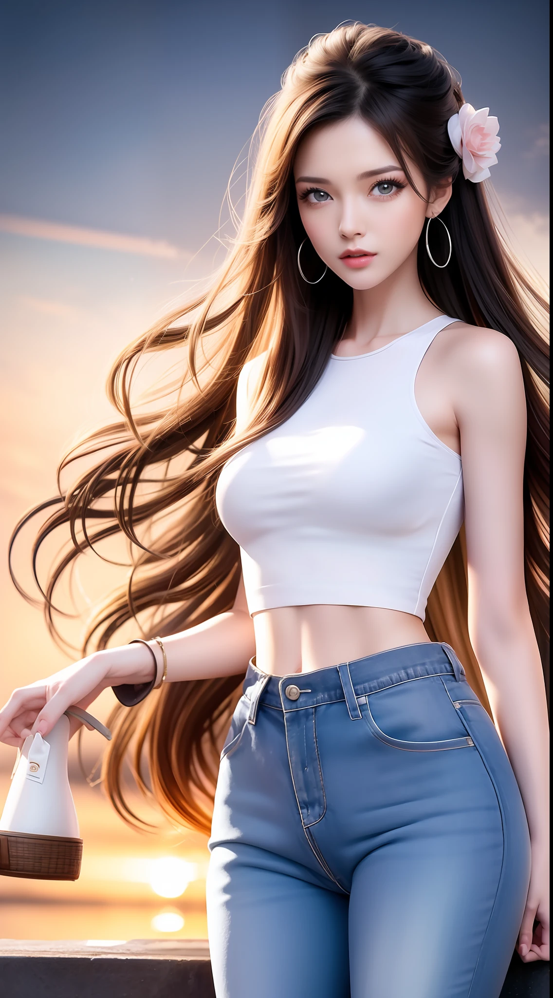 4k ultra hd, masterpiece, very high quality, a girl, age 20 years old girl, good face, smooth face, detailed eyes, beautiful hair, very long hair, hair band, cute look, modern clothes, shirt, half  jeans, good shoes, sitting, morning background, buildings, sun lights, clear weather, stylish looking,