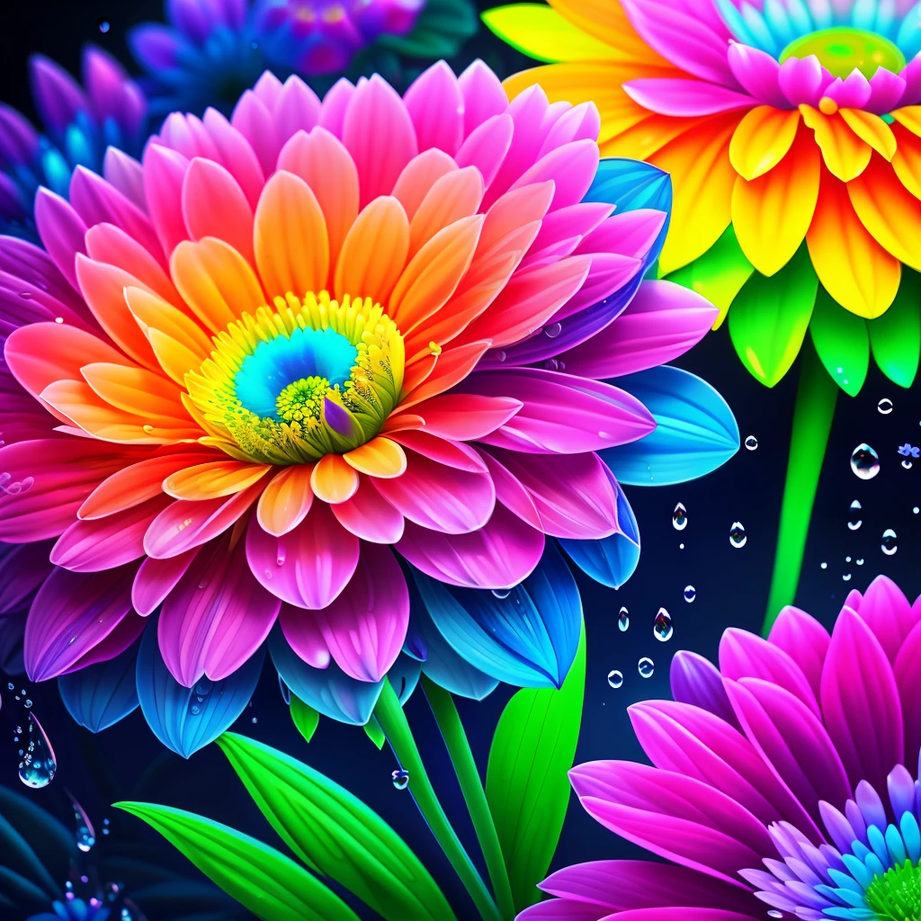 Nahaufnahme eines Blumenstraußes mit Wassertropfen, a magical bunte Blume, satte Blumenfarbe, zauberhafte Blumen, Lebendige und satte Farben, Bunte außerirdische Flora, bunte Blume, farbenfrohe Blumen, Bunter HD-Tropfen, lebendig und farbenfroh, Wunderschöne Kunst UHD 4 K, Schön und farbenfroh, Neonblumen, kräftige und lebendige Farben, bunt und lebendig, Komplizierte, lebendige Farben