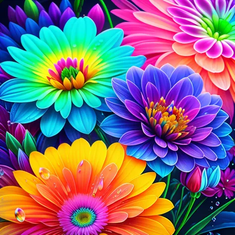 Close up of bunch of flowers with water droplets, a magical colorful flower, rich floral color, magical flowers, Vivid and rich ...