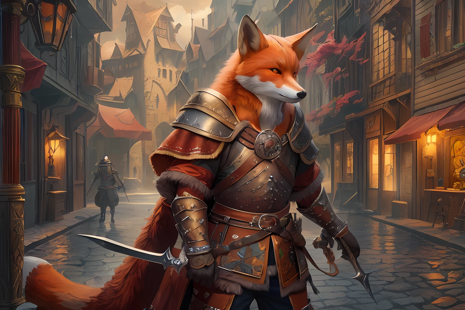 a picture of an an anthro fox warrior, armed with a rapier intense details, Masterpiece, best quality: 1.5), wearing colorful light armor (intense details, Masterpiece, best quality: 1.5), rich red fur, mediaeval street background, 3 musketeers style (intense details, Masterpiece, best quality: 1.5), sense of daring, sense of adventure,  high details, best quality, 8k, [ultra detailed], masterpiece, best quality, (extremely detailed), ultra wide shot, photorealistic, RAW, 3D rendering, fantasy art, dnd art, fantasy art, realistic art, octane rendering, an ultra wide