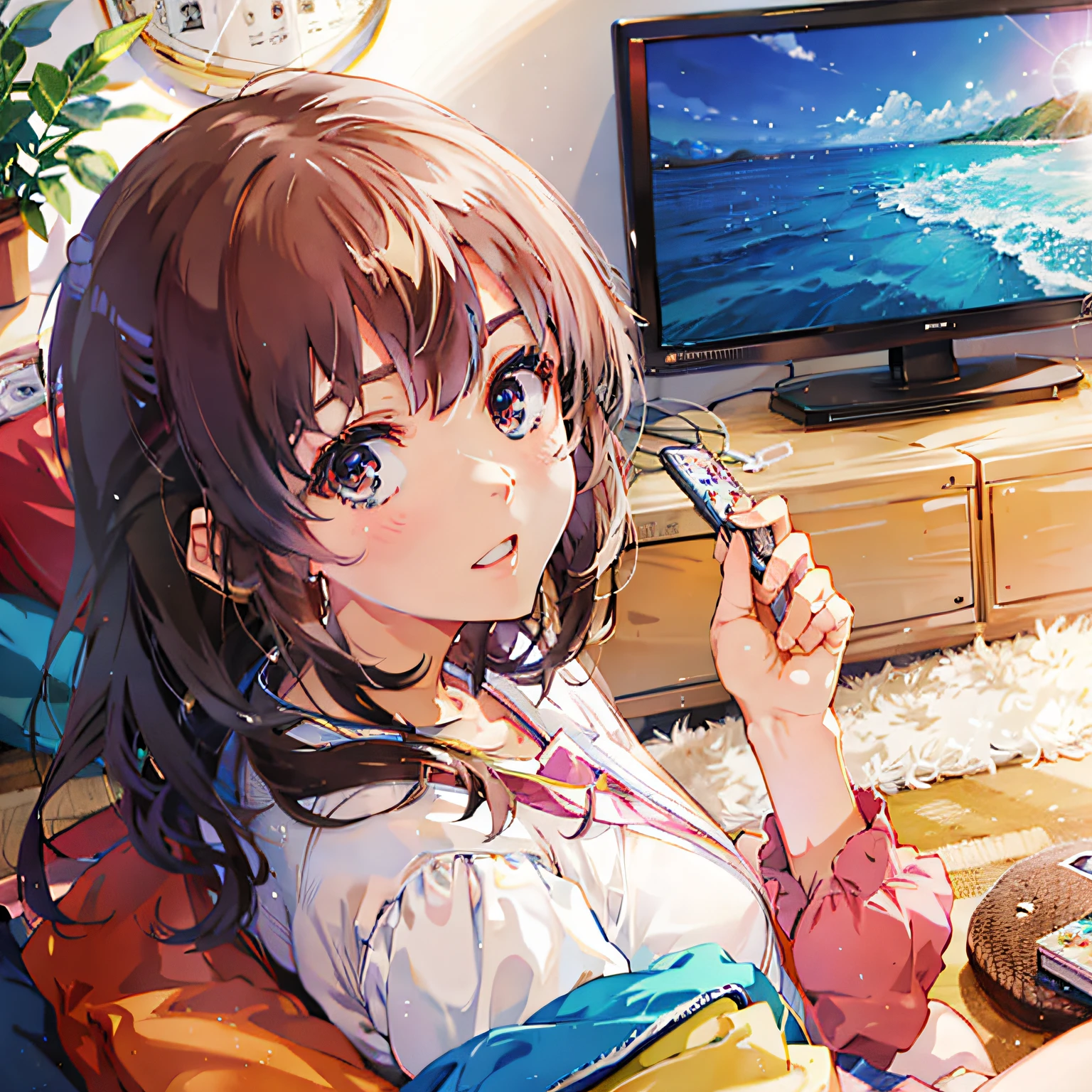 Anime girl sitting in chair，With the remote control in hand, style of anime4 K, Digital anime illustration, anime big breast! 4K, anime big breast! 4 k'', Detailed digital anime art, anime moe art style, anime visual of a cute girl, Smooth anime CG art, Cute anime girl, Digital anime art, Anime art wallpaper 4 K, Anime art wallpaper 4K