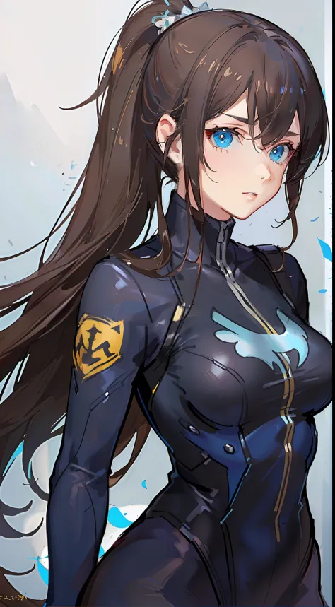 young girl, Long brown hair, high ponytail, Cyan eyes, Blue and yellow superhero uniform, Masterpiece, hiquality