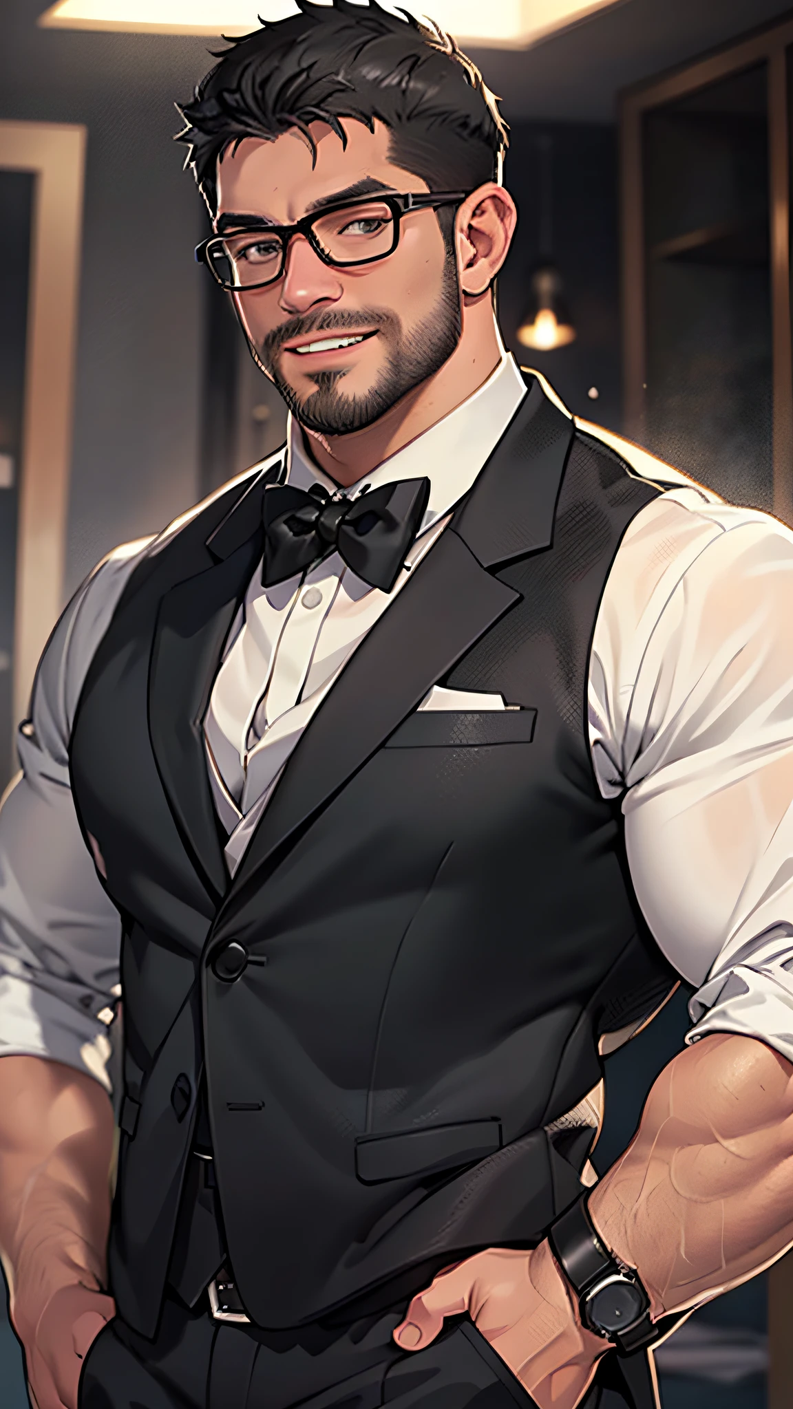1 man, solo, masterpiece, best quality, highres, upper body shot, ultra detailed, ((wide angle)), middle-aged man, daddy, hunk physique, beefy, burly, hairy, manly, really tall, black hair, beard, wearing a dark black tuxedo, white dress shirt, black bow tie, dark black trousers, black belt, wearing glasses, big cheerful smile, hands in pockets, indoors, luxury room in the background, night time, incredible composition, HDR, volumetric lighting, shadows,, aesthetic