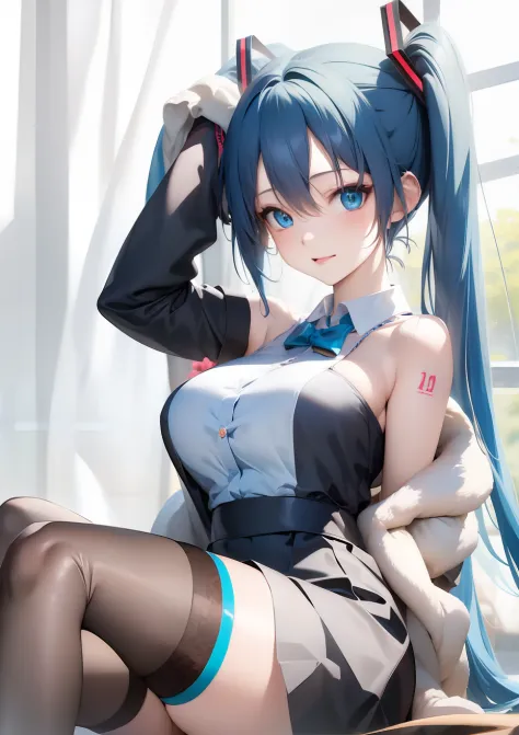 anime girl with blue hair and black stockings sitting on a bed, hatsune miku, portrait of hatsune miku, hatsune miku short hair,...