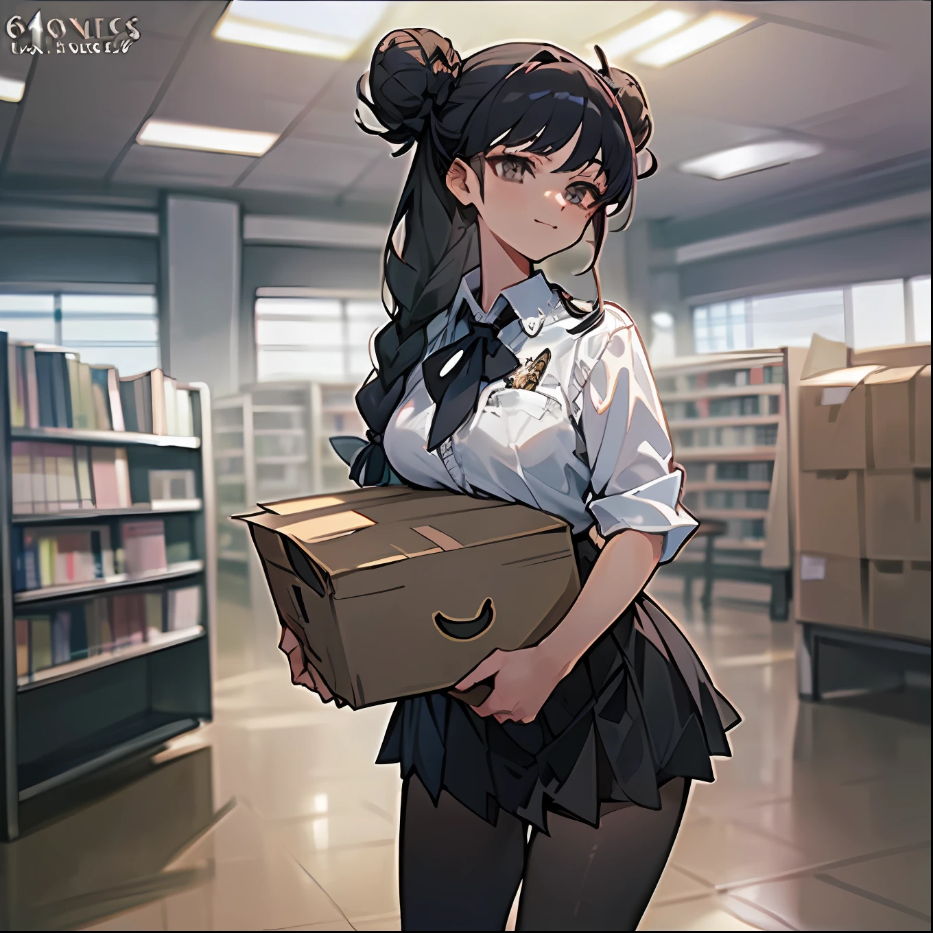 (komi_sch), (high school uniform), (carried breast rest:1.3), (carrying and holding a cardboard box from Amazon right under her chest:1.5), (64k, UHD, Raw photo, highes, Best Quality, mastepiece:2.0), (Ultra-fine depiction of details:3.0) a 18 yo woman, (a librarian), (collared white shirt, tie, ribbon), (neat, tidy, skirt:1.9), (black school stockings), (trying to deliver books to the customer), (cowboy shot, full body shot:1.3), (in a public library), (long black hair, single braid bun, double bun), (closed mouth with a faint happy smile), (perfect body, perfect figure), (perfect slender body), (perfect, flawless, natural skin texture, hyperrealism, effective front light, sharp), (perfect and effective front lighting:1.4)