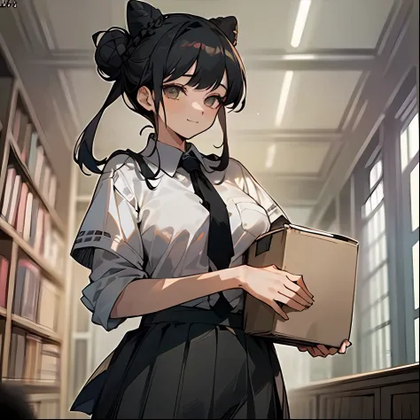 (komi_sch), (high school uniform), (carried breast rest:1.3), (carrying and holding a cardboard box from Amazon right under her ...