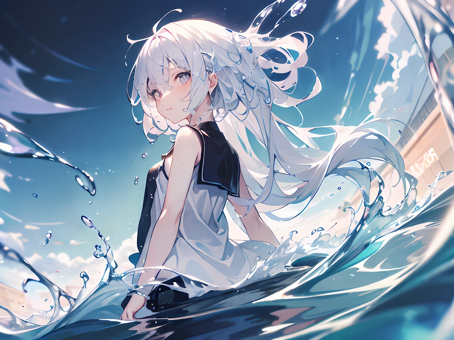 (((Background with)), tmasterpiece, best qualtiy, illustration, the wallpaper, hyper-detailing, absurderes, 1girll, 独奏, (liquid hair:1.2), beatiful detailed eyes,
By bangs, cow boy shot, long whitr hair, magical little girl, whaite hair, wave, Eau, water dripping, Looks to the side, wading,
(the street:1.5), suns, mostly cloudy sky,)