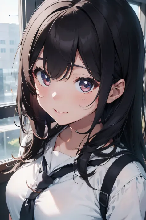 (masterpiece), best quality, expressive eyes, perfect face, create a captivating illustration of an anime girl with striking black hair, radiating beauty and a touch of playfulness. Envision her wearing a classic school uniform that perfectly complements h...