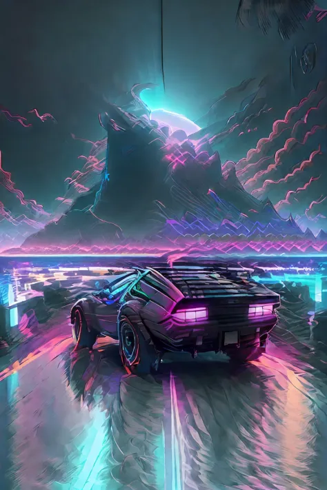 retrowave。城市， Lamborghini， wide body kit， pathway， PURPLE NEON MONITOR LIGHT， suns， mont， （tmasterpiece，A detailed，A high resolution），
