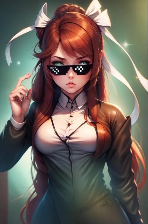 (hip hop scene) monika, green eyes, brown hair, very long hair, ponytail, hair ribbon, white ribbon, DealWithIt