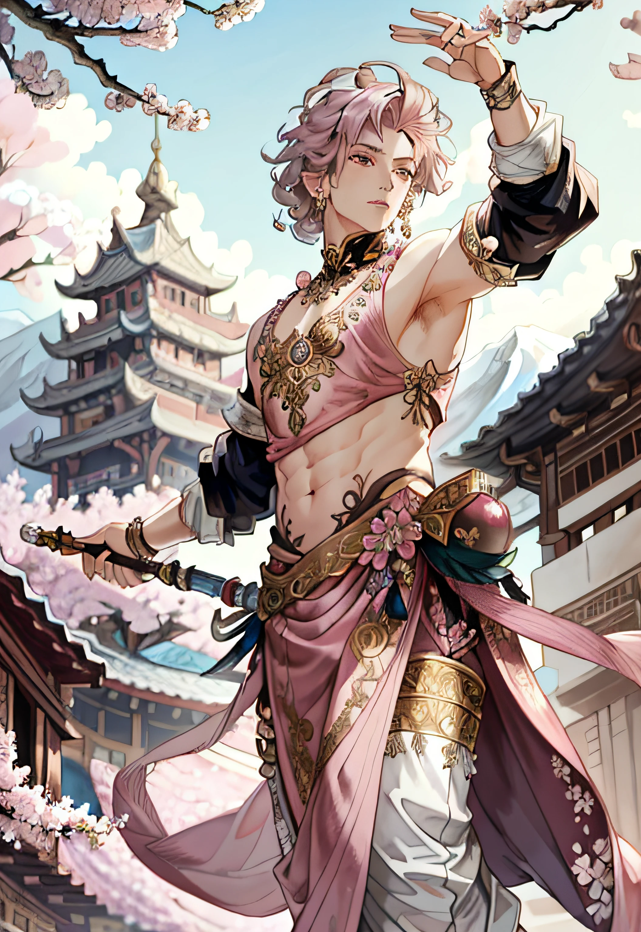 Masterpiece,Best quality,painting of a man,((Dancer, intricate outfits, "Cherry Blossom Pink" theme)),Interested to see,chubby men,Medium hair,Army brown hair,Undercut,Graphite gray eyes,Tall,Mountain,intricate background,Dynamic pose,action scene