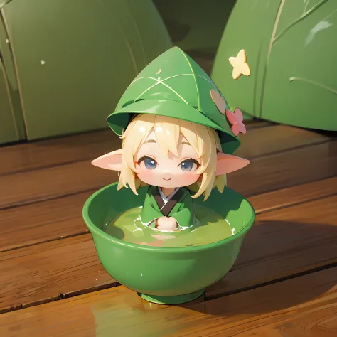 (little doll wearing green triangular hat)、(sitting in a large bowl)、cute 3d render、cute detailed digital art、cute digital art、c...