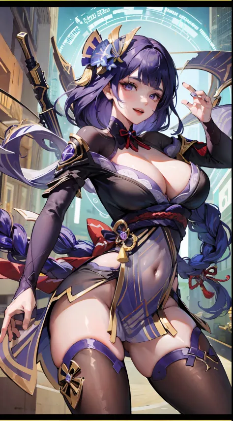 Raiden General Genshin Impact ,ssee-through，Fleshy thighs，Pose，Poster publicity style，Simetall，busty figure，C cup，Happy expression