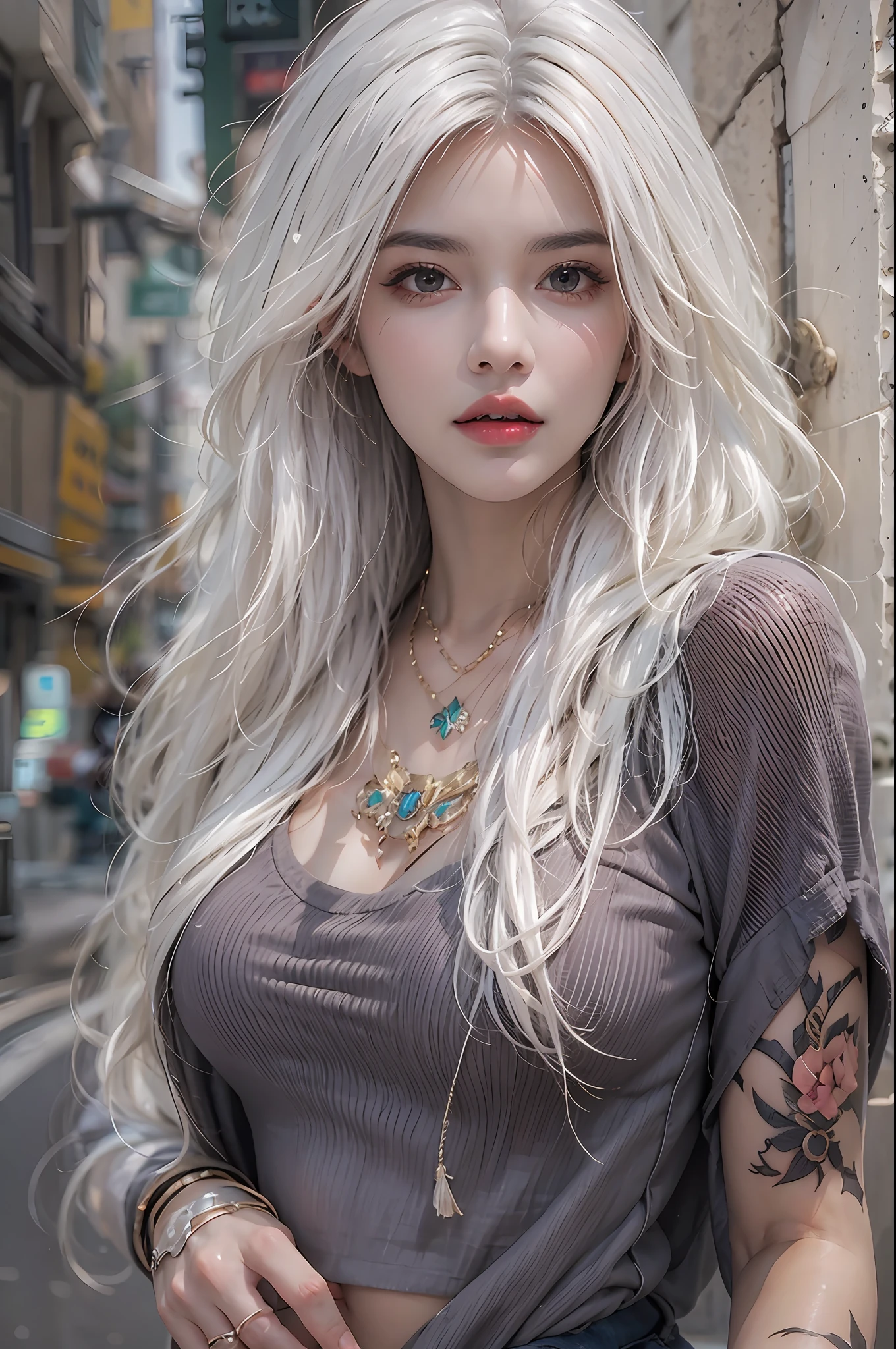 photorealistic, high resolution, 1women, solo, hips up, look at viewer, (detailed face), white hair, long hair, street wear, jewelry, belly tattoo