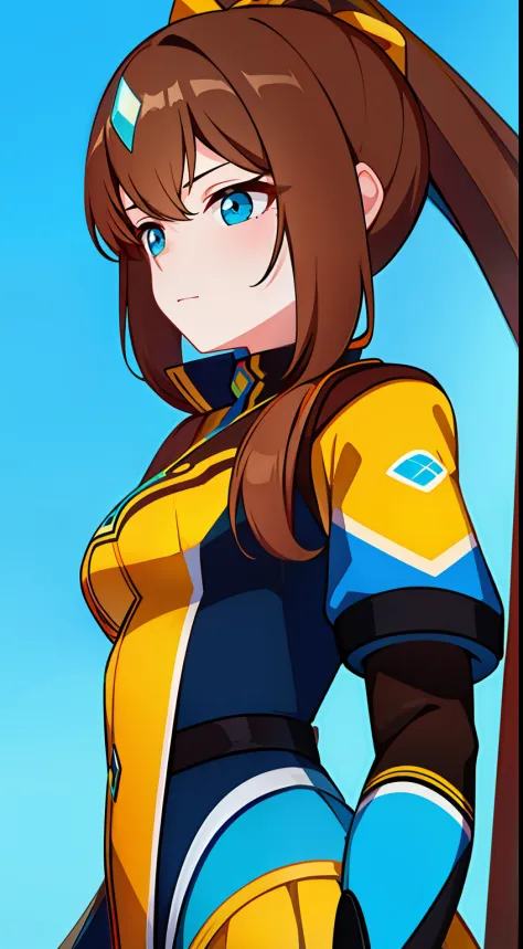 young girl, long brown hair, high ponytail, cyan eyes, blue and yellow superhero uniform, masterpiece, hiquality