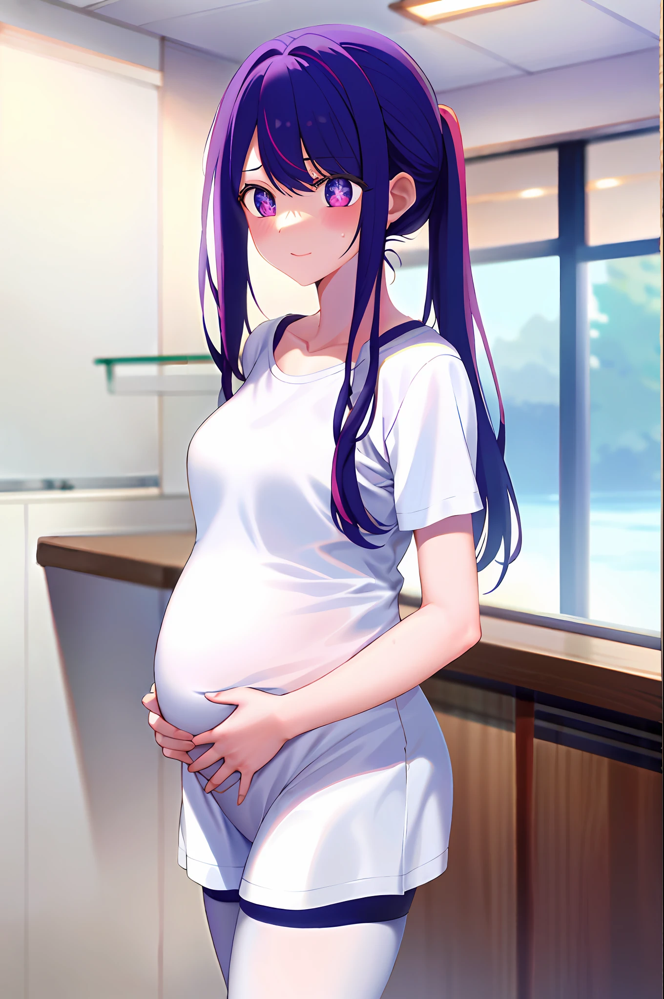 Anime girl with purple hair and white shirt standing in kitchen - SeaArt AI