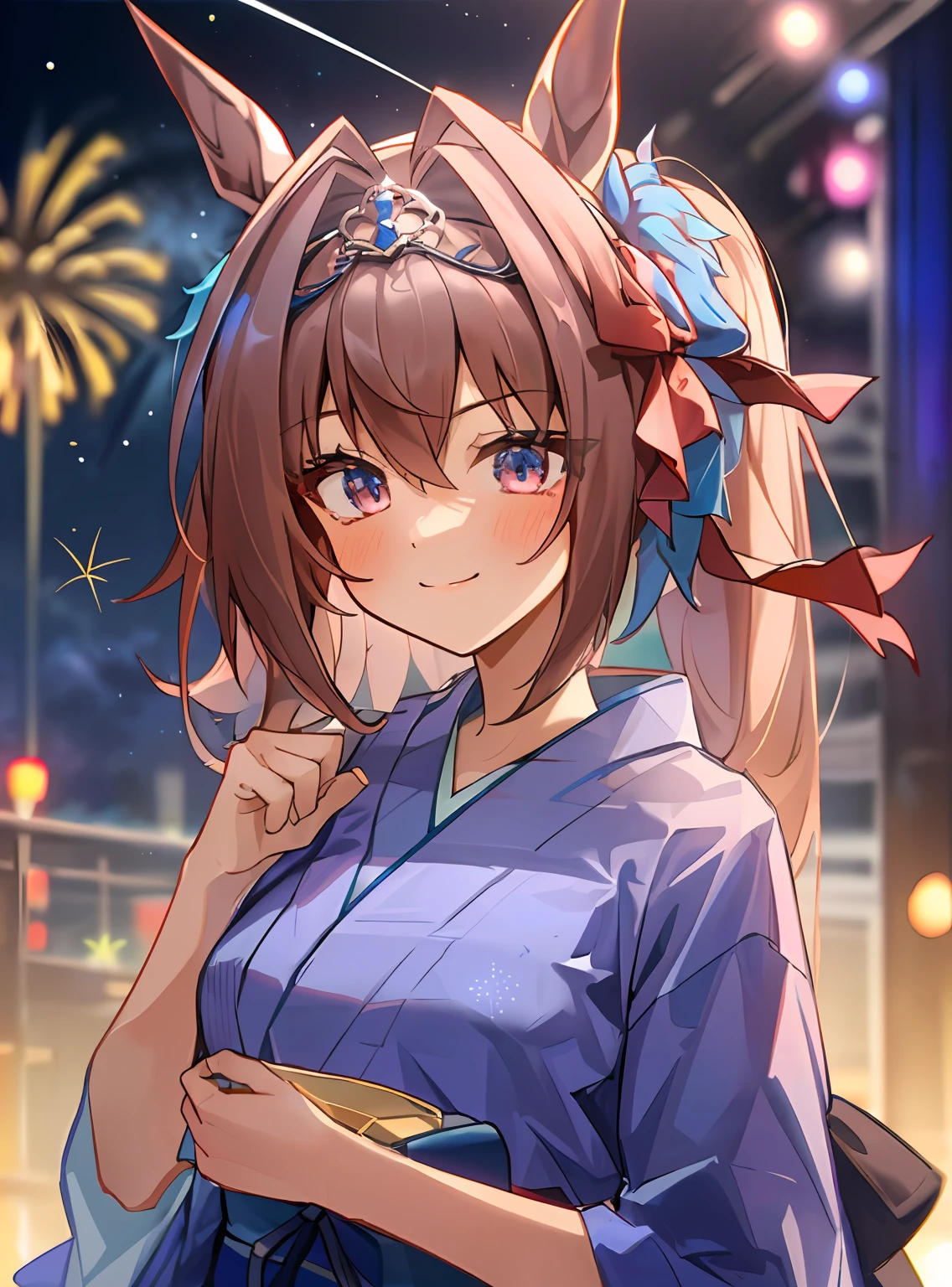 (​masterpiece:1.2、top-quality)、((Blue yukata))、 ((Patterned yukata, Geta), Kimono、(Beautiful Eyes of Details:1.2)、1girl in、
Daiwa Scarlet(Umamusume), Twin-tailed、Gentle smile, Fireworks in the night sky, fireworks at background, 、modest tail、dynamic ungle、