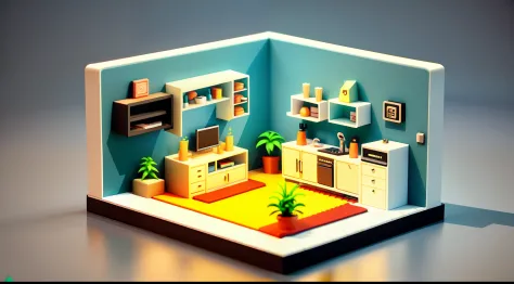 Isometric style，120 degrees accurate，Polyart，Stylized 3D rendering，small rooms，3D stylized scene，Warm