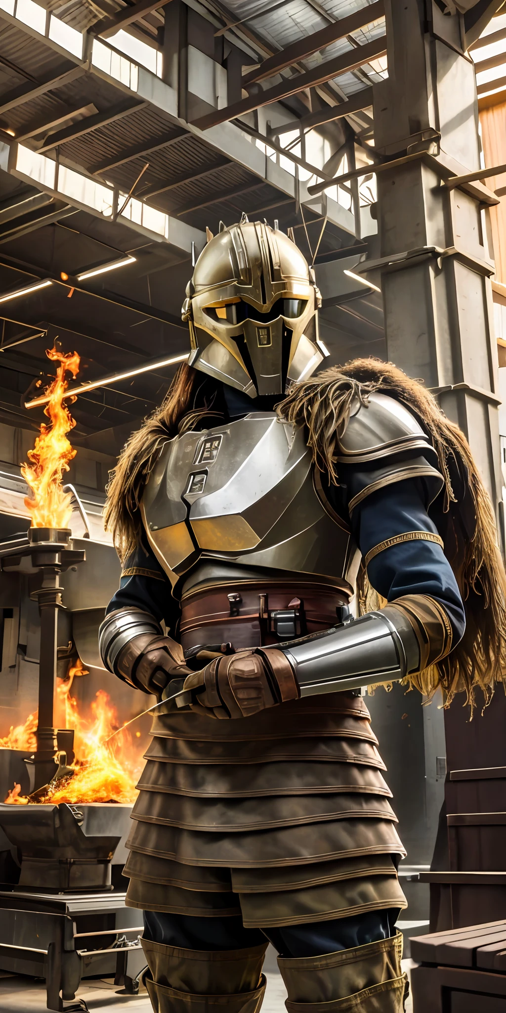 Portrait photo of an alpha female, intricate armor, thearmorer, long hair, big breast, in a worn mecha suit, intricate, (steel metal [rust]), sharp focus, photo by greg rutkowski, soft lighting, vibrant colors, masterpiece, anvil, raw metal, melted metal, fire smelter, blurred fire crackle, forging, hammer, (((indoor smelter))), cowboy shot, dynamic pose,