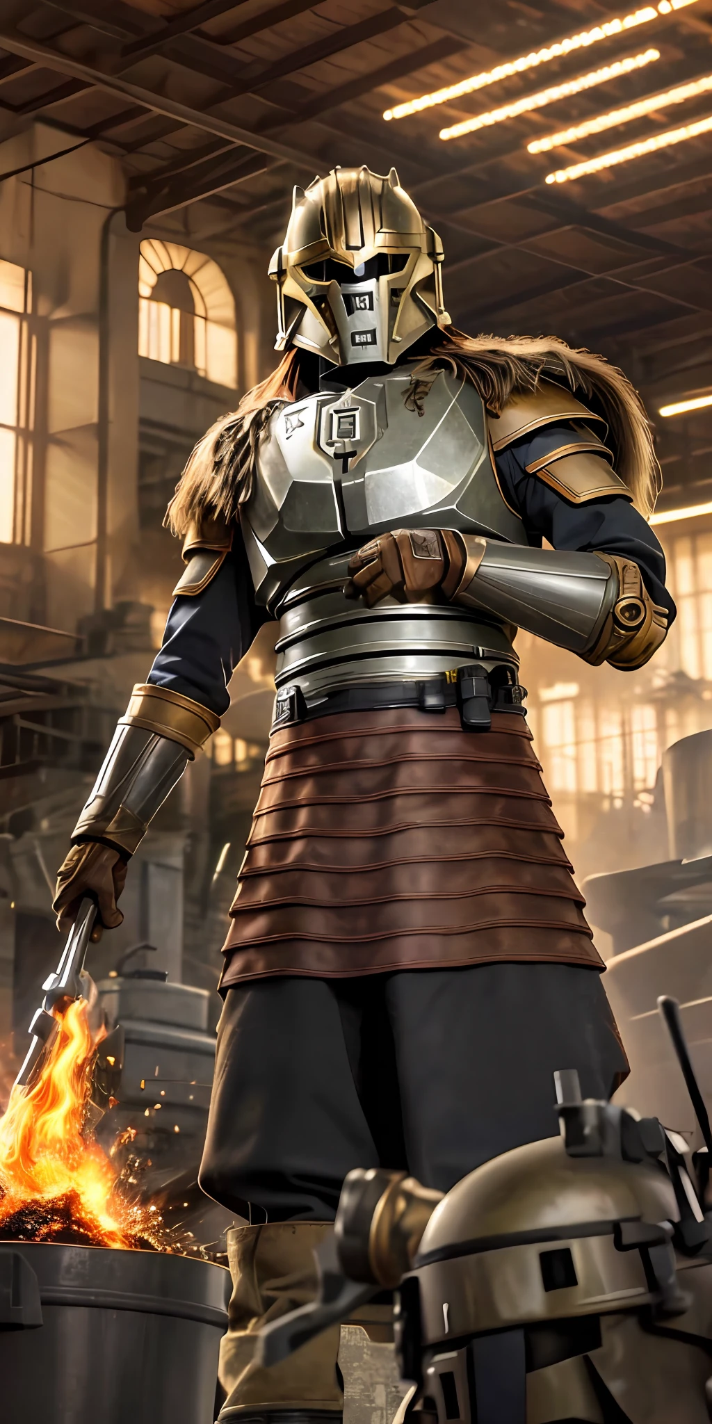 Portrait photo of an alpha female, intricate armor, thearmorer, long hair, big breast, in a worn mecha suit, intricate, (steel metal [rust]), sharp focus, photo by greg rutkowski, soft lighting, vibrant colors, masterpiece, anvil, raw metal, melted metal, fire smelter, blurred fire crackle, forging, hammer, (((indoor smelter))), cowboy shot, dynamic pose,