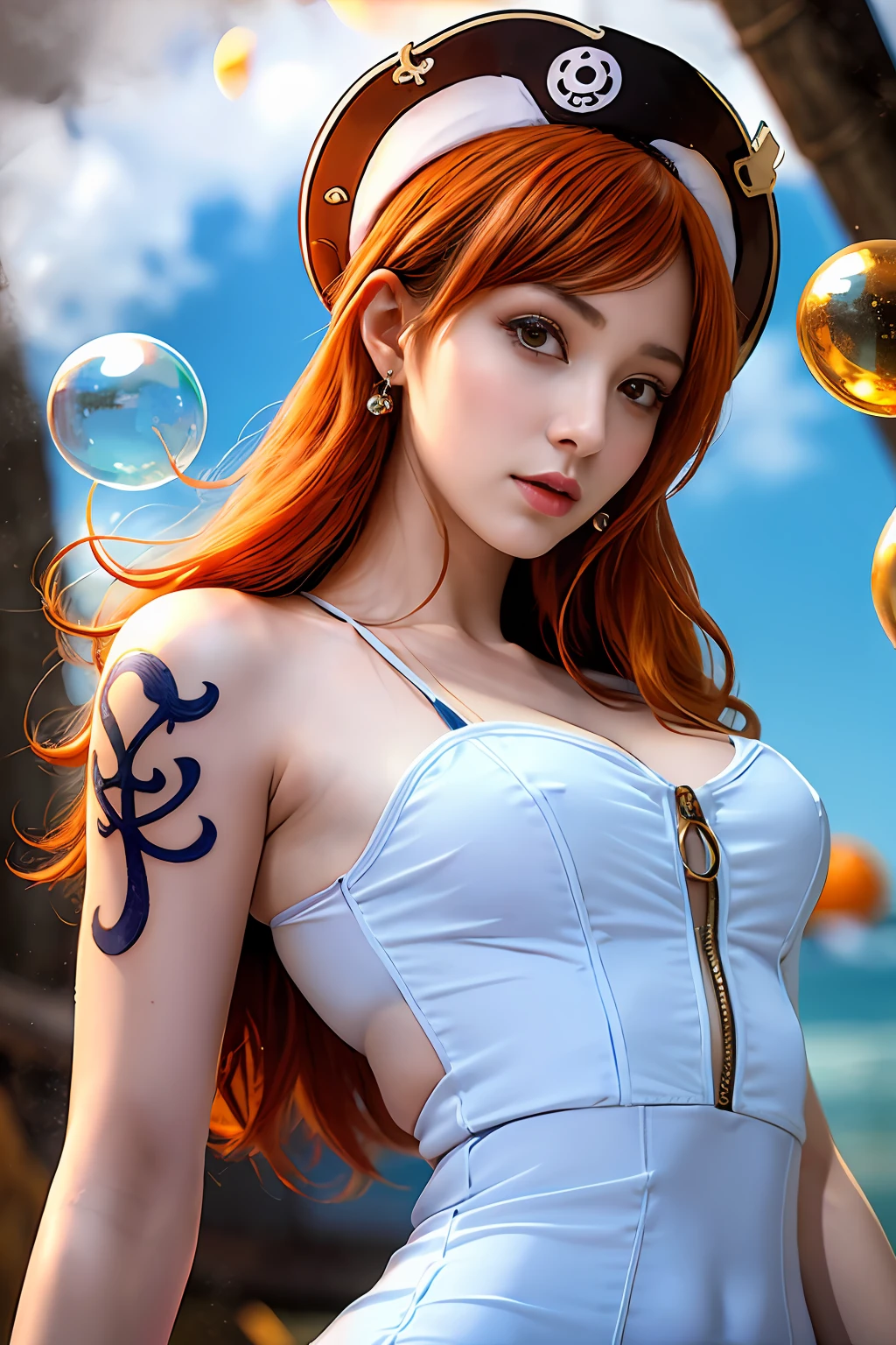 (((masterpiece+best quality+high resolution+ultra-detailed))), nami\(one piece\), long silky orange hair, high nose, sharp eyes, noble and inviolable temperament, (([female]: 1.2 + [beauty]: 1.2 + orange long hair: 1.2)), pirate ship background, (one piece), blue sky, bracelets, bubbles, clouds, white dress,shoulder tatto, bright eyes, dynamic angle and posture.