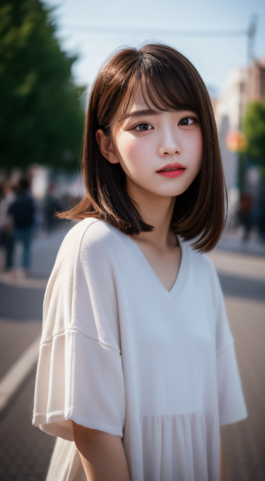 ​masterpiece, top-quality, Raw foto, Photorealsitic、full body Esbian、 beautiful a girl, cute little, shorth hair, depth of fields, hight resolution, ultra-detailliert, finely detail, ighly detailed, extremely detailed eye and face, Sharp pupils, Realistic pupils, foco nítido, Cinematic lighting、small 、In the street、Casual wear