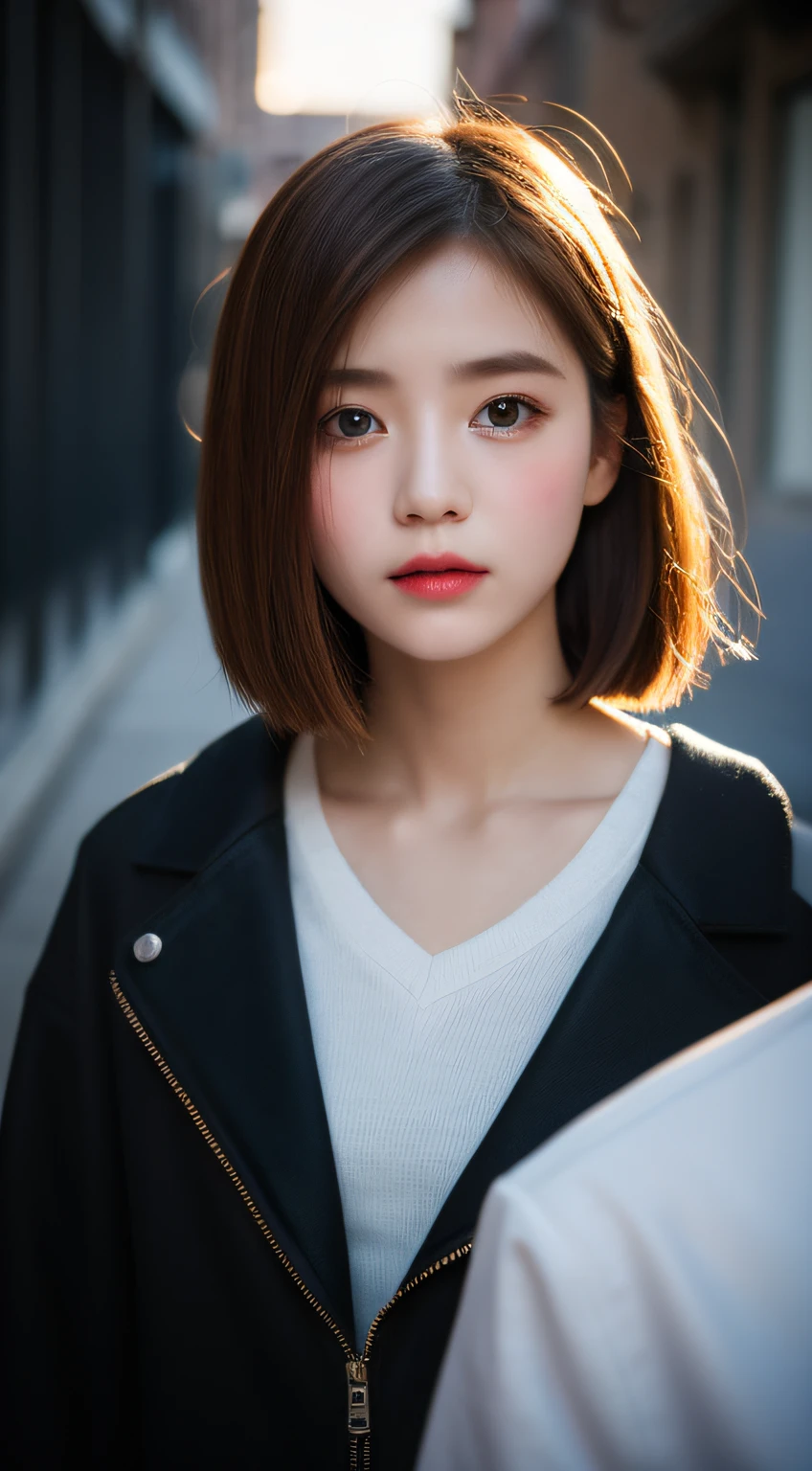 ​masterpiece, top-quality, Raw foto, Photorealsitic、full body Esbian、 beautiful a girl, cute little, shorth hair, depth of fields, hight resolution, ultra-detailliert, finely detail, ighly detailed, extremely detailed eye and face, Sharp pupils, Realistic pupils, foco nítido, Cinematic lighting、small 、In the street、Casual wear