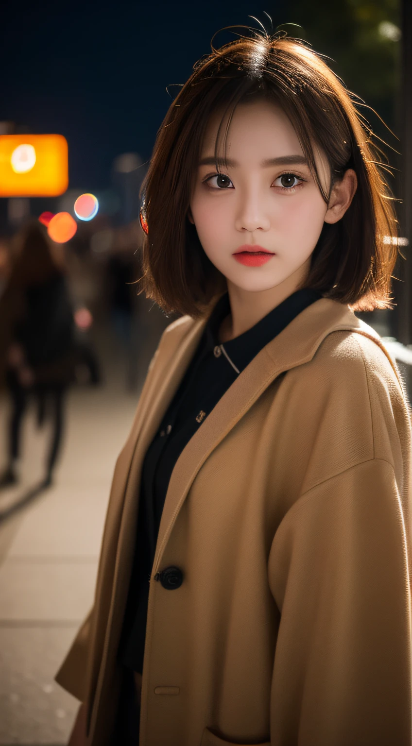 ​masterpiece, top-quality, Raw foto, Photorealsitic、full body Esbian、 beautiful a girl, cute little, shorth hair, depth of fields, hight resolution, ultra-detailliert, finely detail, ighly detailed, extremely detailed eye and face, Sharp pupils, Realistic pupils, foco nítido, Cinematic lighting、small 、In the street、Casual wear