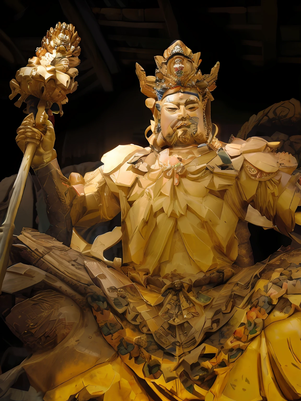 A statue of Arafeld of a man wearing a crown and a sword, a massive celestial giant god, japanese god, the god emperor of mankind, asura from chinese myth, Guan yu, inspired by Sesshū Tōyō, asuras giant yaksha statues, Chinese mythology, legendary god holding spear，irate