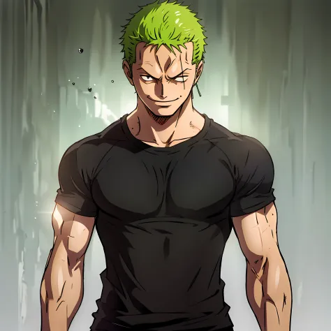 "Zoro:1.2, sporting a stylish black plain t-shirt:1.1, exuding a cool demeanor, direct gaze towards the camera, captured in a ha...