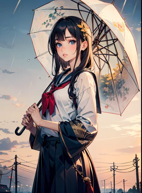 A beautiful girl with an oil-paper umbrella, 
Japanese clothes, Wafuku, Realistic, Highly detailed, Golden ratio, rained, smooth...