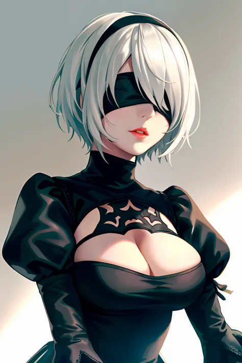 Yorha No. 2 Type B, 1girl in, wlop, (Blindfold), breasts, cleavage, cleavage cutout, Clothes Cutout, Green background, hair between eye, shairband, hight resolution, juliet sleeves, Long sleeves, Nier (Series), Nier Automata, Puffy sleeves, Red lips, Shade...