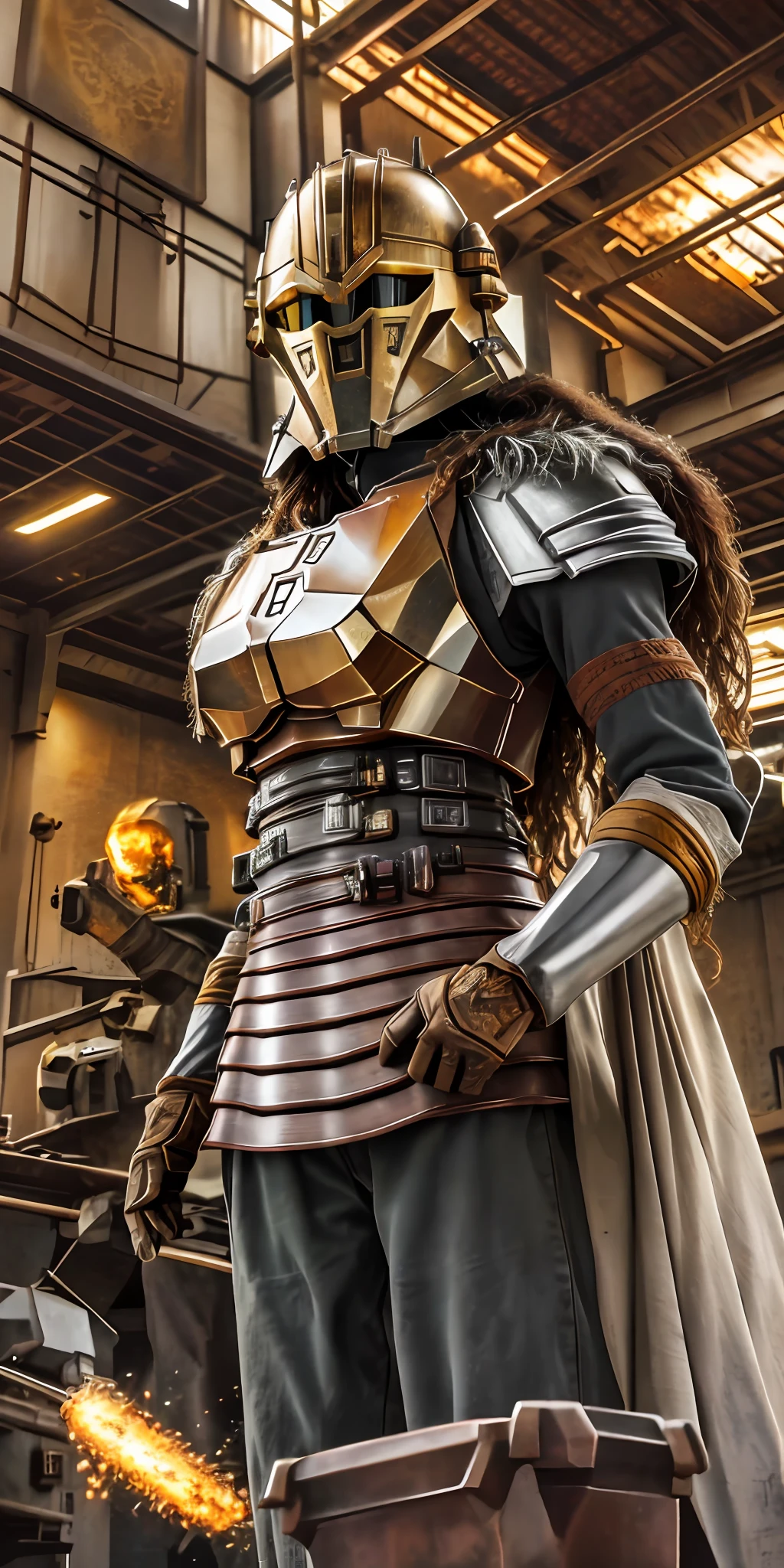 Portrait photo of an alpha female, intricate armor, thearmorer, long hair, big breast, in a worn mecha suit, intricate, (steel metal [rust]), sharp focus, photo by greg rutkowski, soft lighting, vibrant colors, masterpiece, anvil, raw metal, melted metal, hammer, (((indoor smelter))), cowboy shot, dynamic pose,