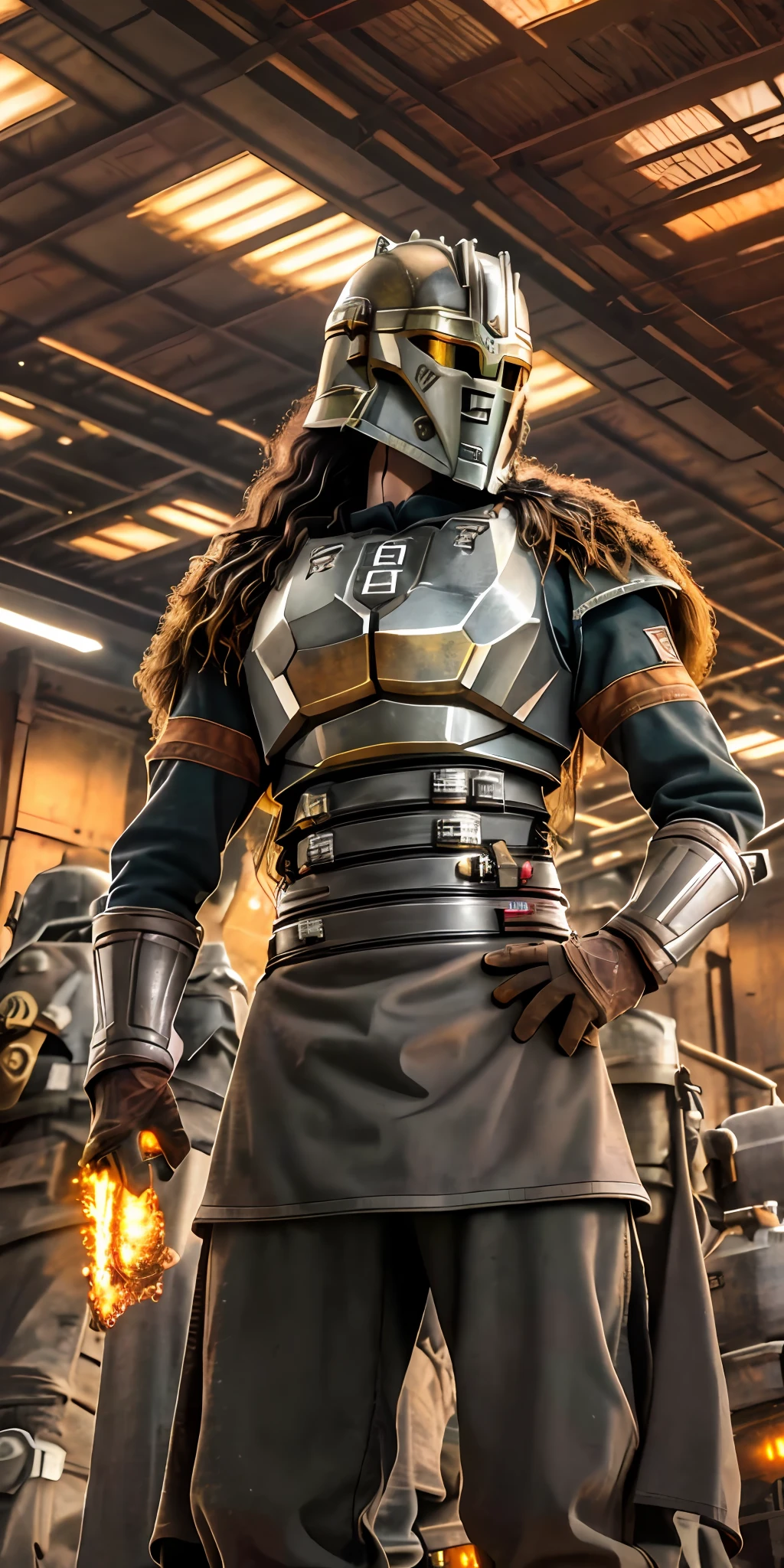 Portrait photo of an alpha female, intricate armor, thearmorer, long hair, big breast, in a worn mecha suit, intricate, (steel metal [rust]), sharp focus, photo by greg rutkowski, soft lighting, vibrant colors, masterpiece, anvil, raw metal, melted metal, hammer, (((indoor smelter))), cowboy shot, dynamic pose,