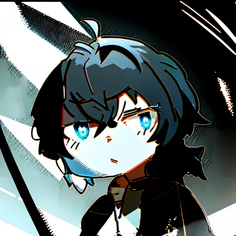 Cartoon of a boy in a black jacket and black hoodie, with short hair, in an anime style, anime style character, his hair is mess...