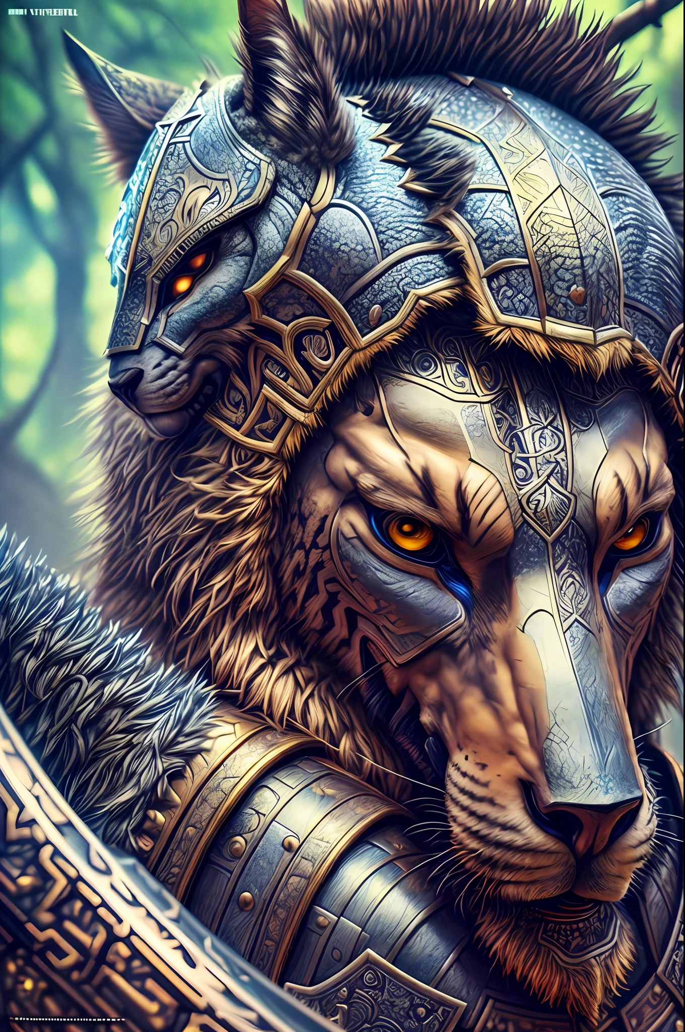 Warrior image of an animal，Portrait of an animal in armor holding a weapon，combats，tmasterpiece，hyper-high detail，HighestQuali，超高分辨率，rim-light，Realistic textures and textures，realistic scene，cinematic Film still from。